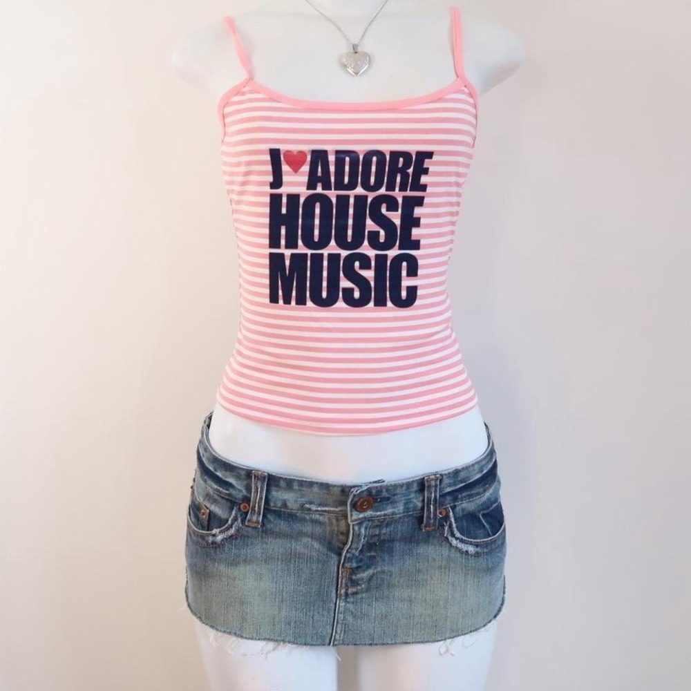 y2k baby tee striped cami j'adore house music pink graphic